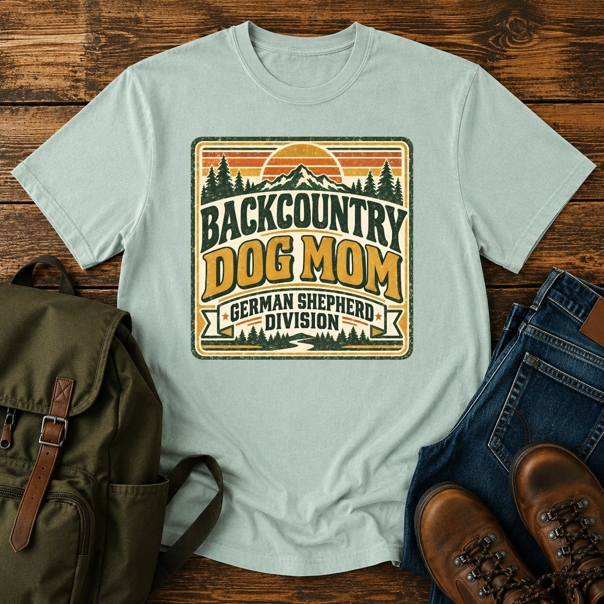 German Shepherd Backcountry Dog Mom hiking dog on a t-shirt design