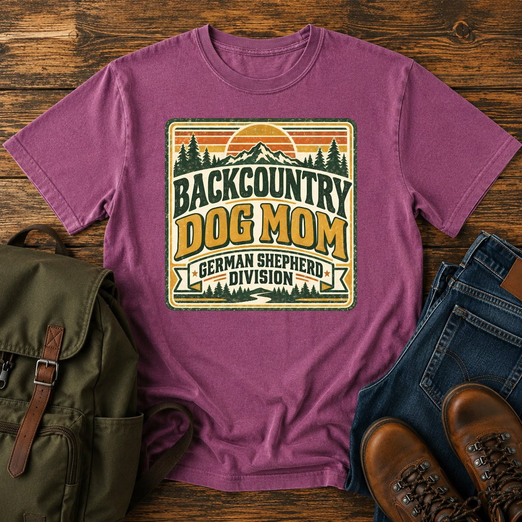German Shepherd Backcountry Dog Mom hiking dog on a t-shirt design