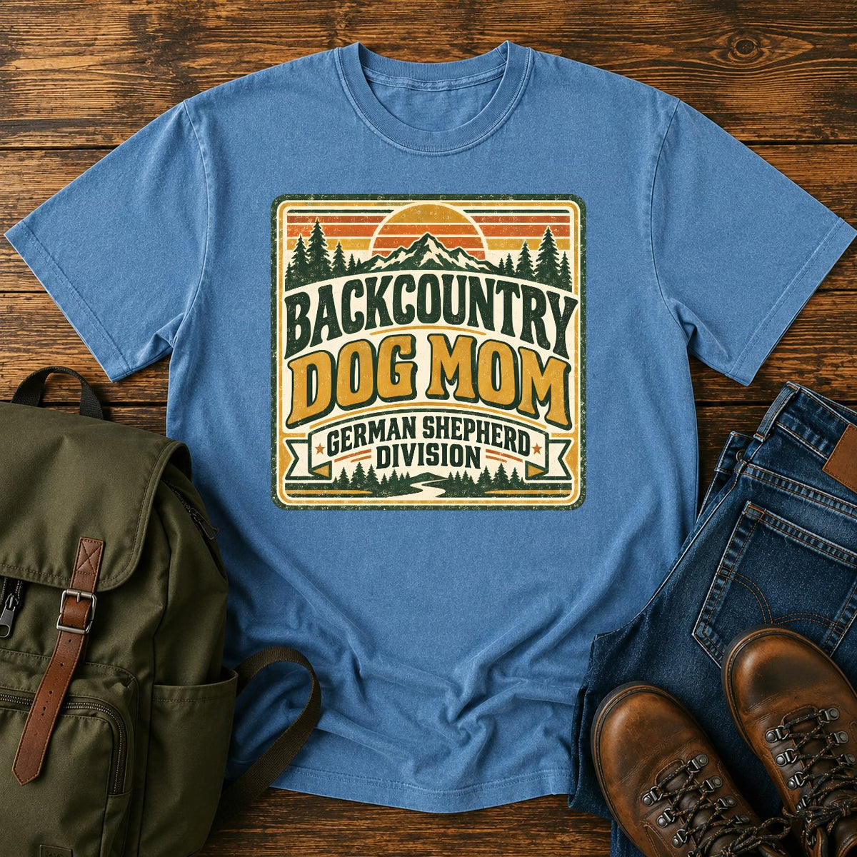 German Shepherd Backcountry Dog Mom hiking dog on a t-shirt design