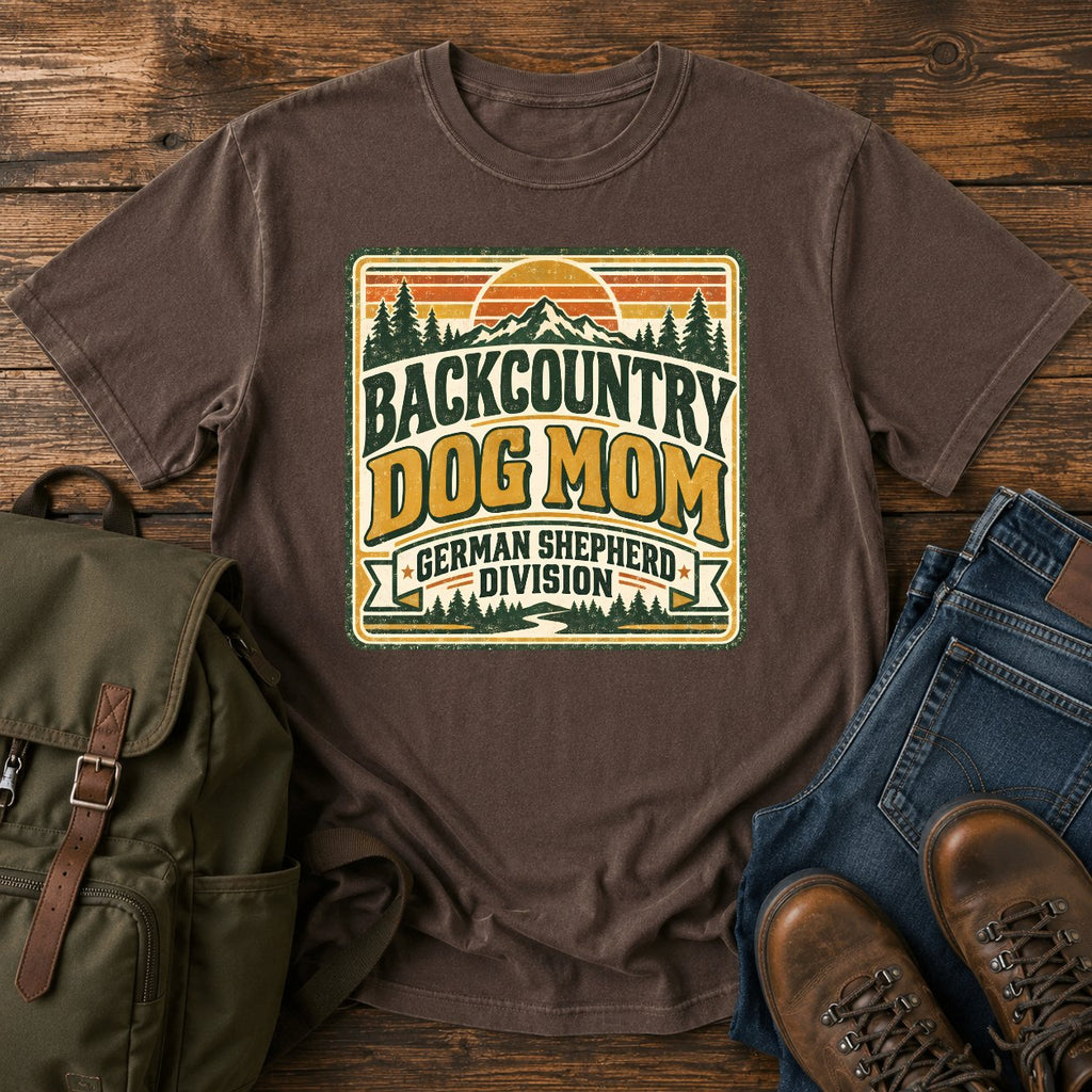 German Shepherd Backcountry Dog Mom hiking dog on a t-shirt design
