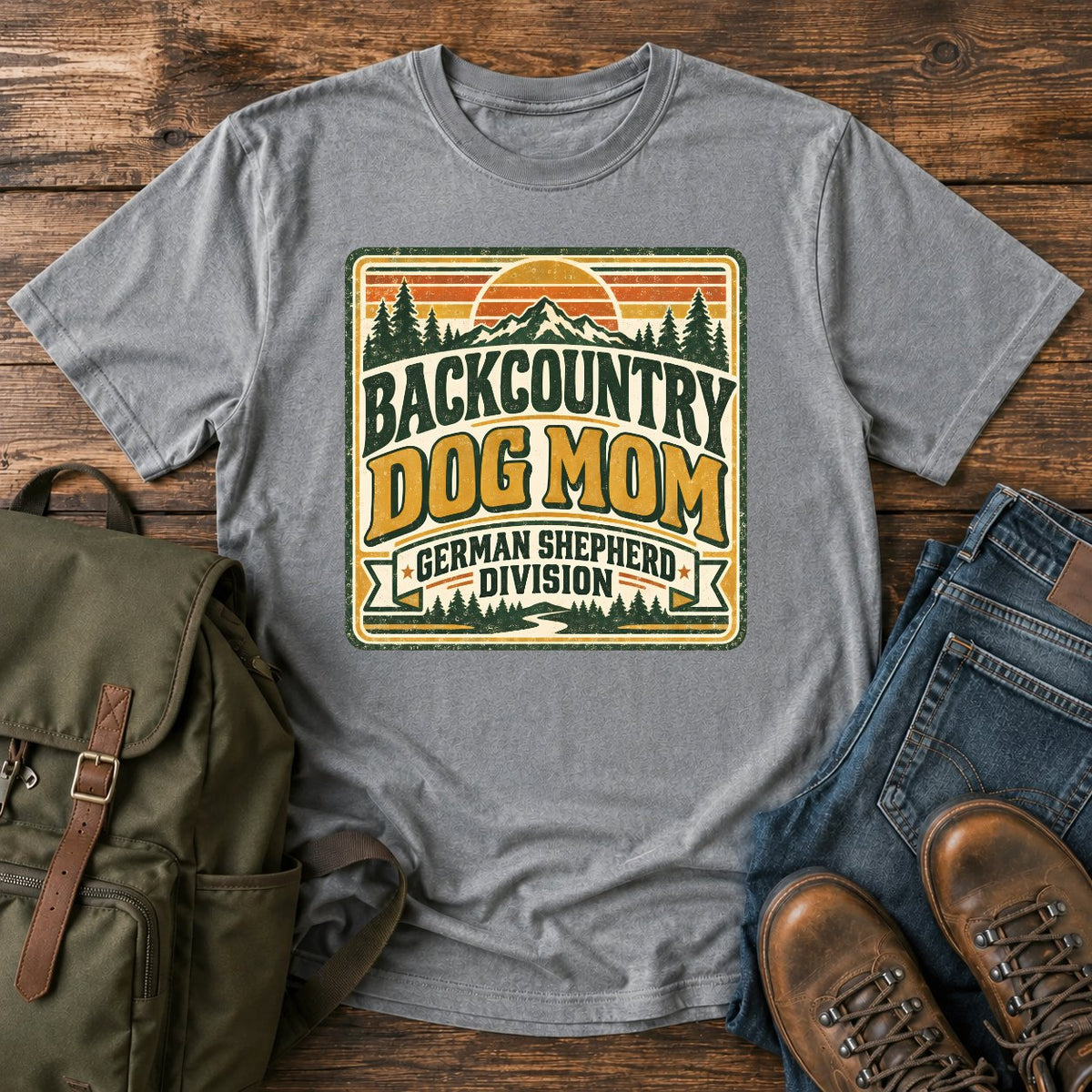 German Shepherd Backcountry Dog Mom hiking dog on a t-shirt design
