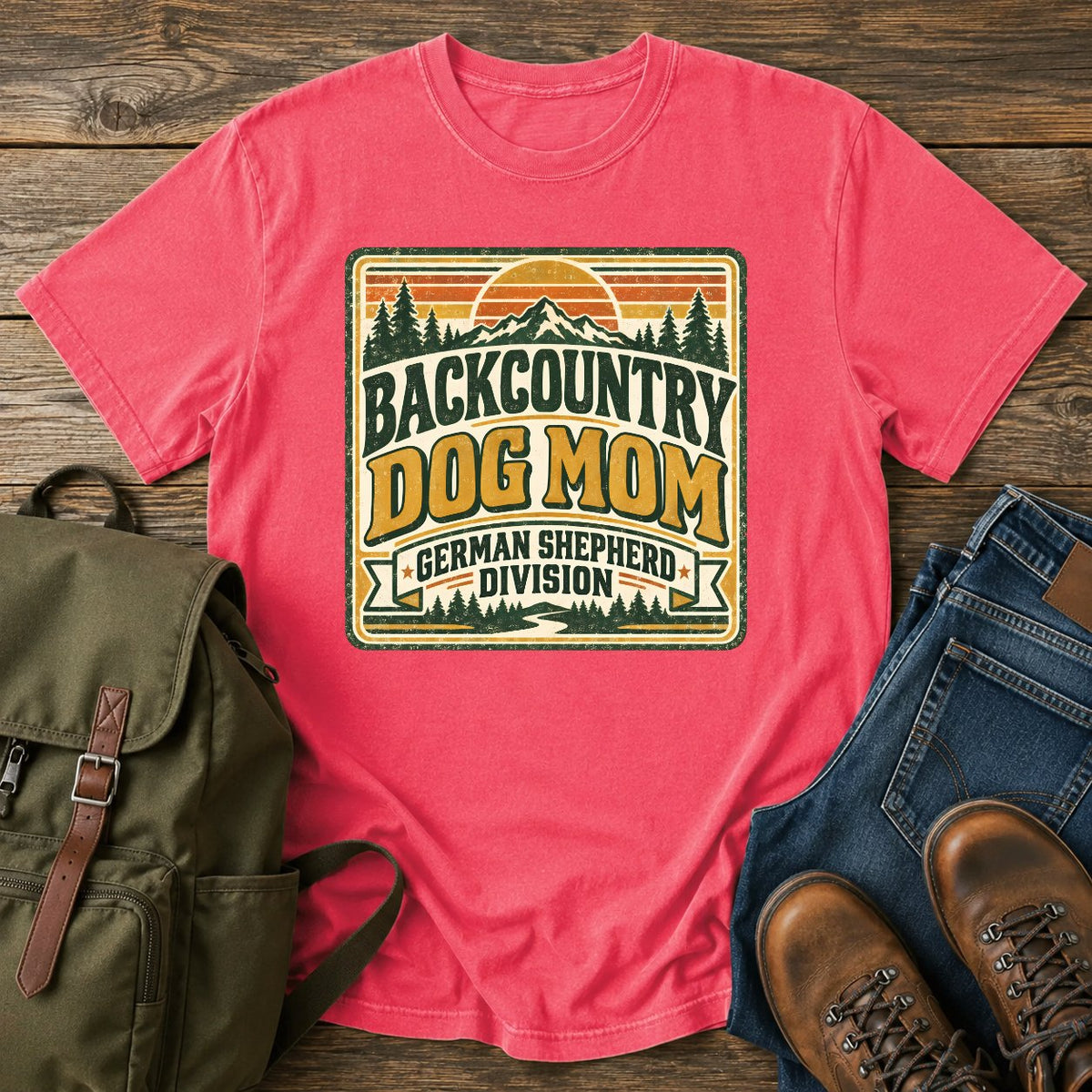 German Shepherd Backcountry Dog Mom hiking dog on a t-shirt design