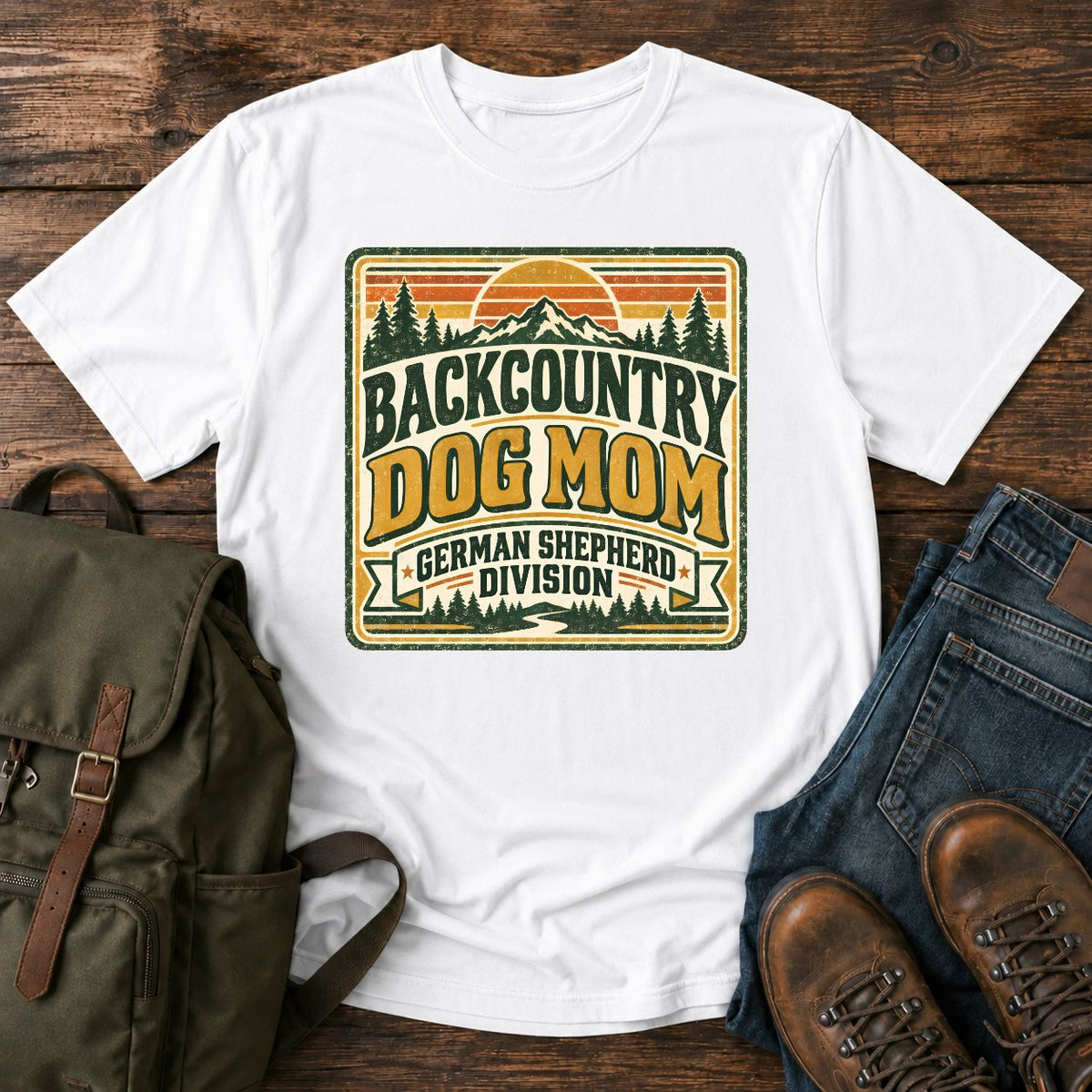 German Shepherd Backcountry Dog Mom hiking dog on a t-shirt design
