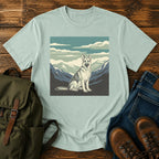 German Shepherd big sky hiking t-shirt design with mountain calm scene