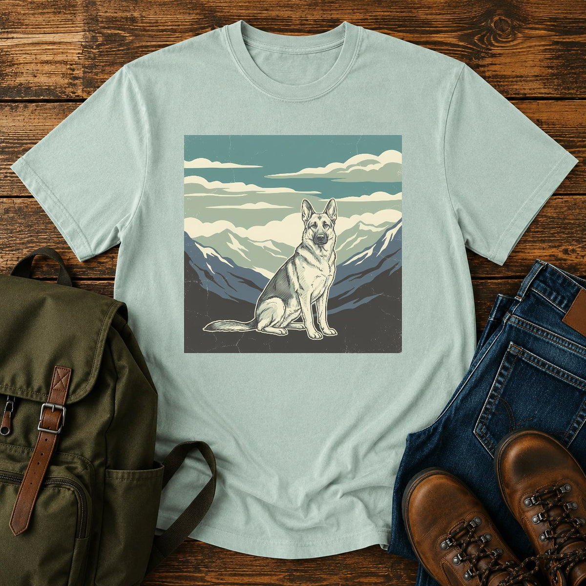 German Shepherd big sky hiking t-shirt design with mountain calm scene