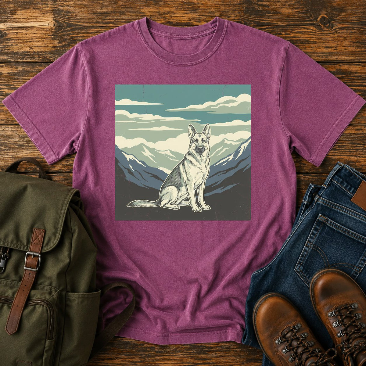 German Shepherd big sky hiking t-shirt design with mountain calm scene
