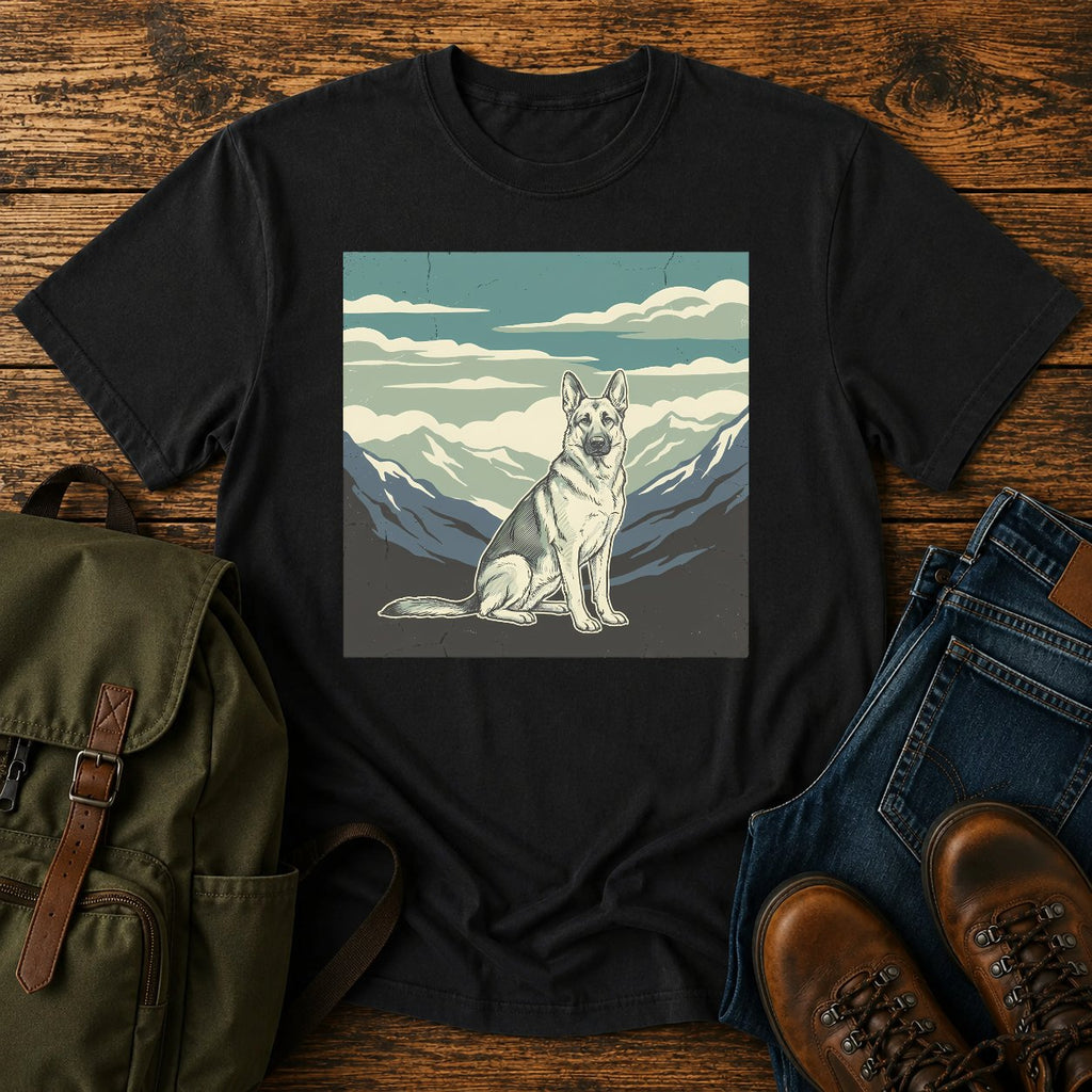 German Shepherd big sky hiking t-shirt design with mountain calm scene