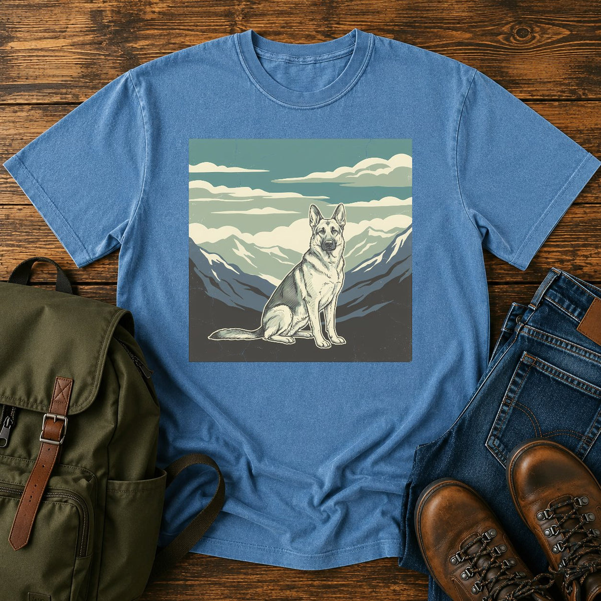 German Shepherd big sky hiking t-shirt design with mountain calm scene