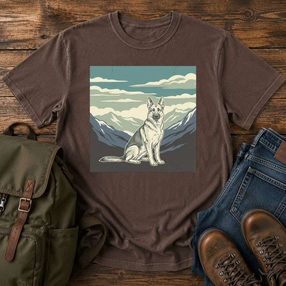 German Shepherd big sky hiking t-shirt design with mountain calm scene