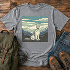 German Shepherd big sky hiking t-shirt design with mountain calm scene
