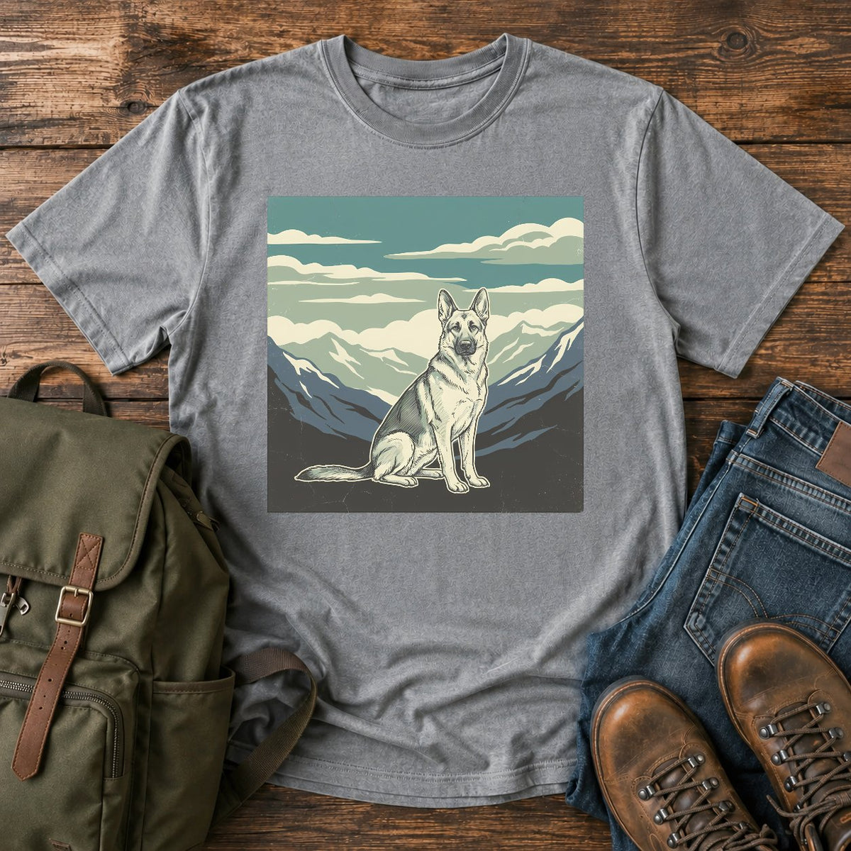 German Shepherd big sky hiking t-shirt design with mountain calm scene