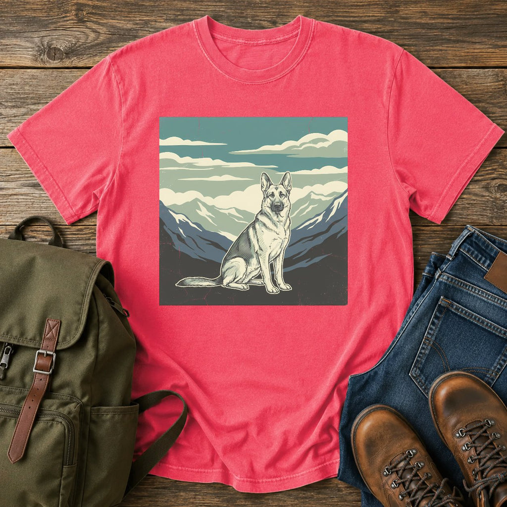 German Shepherd big sky hiking t-shirt design with mountain calm scene