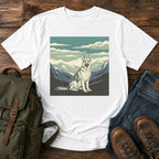German Shepherd big sky hiking t-shirt design with mountain calm scene