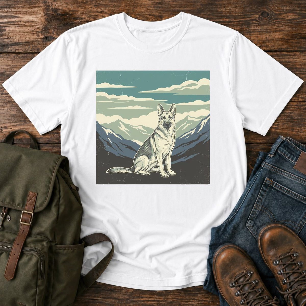 German Shepherd big sky hiking t-shirt design with mountain calm scene