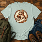 German Shepherd camp crest camping scene t-shirt design