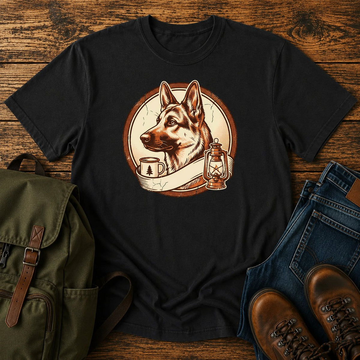 German Shepherd camp crest camping scene t-shirt design
