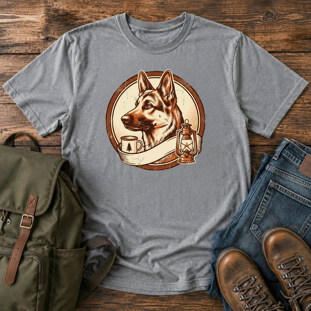 German Shepherd camp crest camping scene t-shirt design