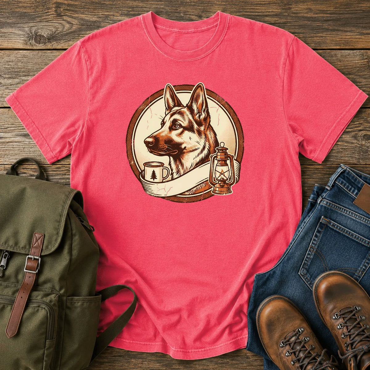 German Shepherd camp crest camping scene t-shirt design
