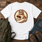 German Shepherd camp crest camping scene t-shirt design