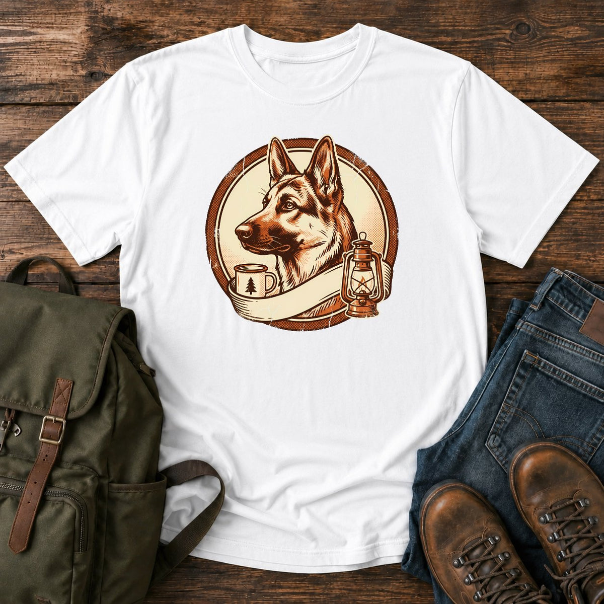 German Shepherd camp crest camping scene t-shirt design