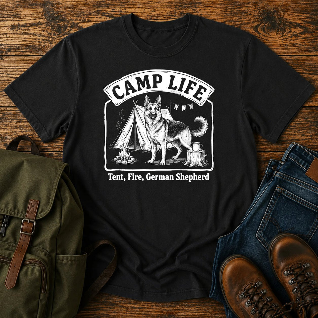 German Shepherd camp life slogan t-shirt design