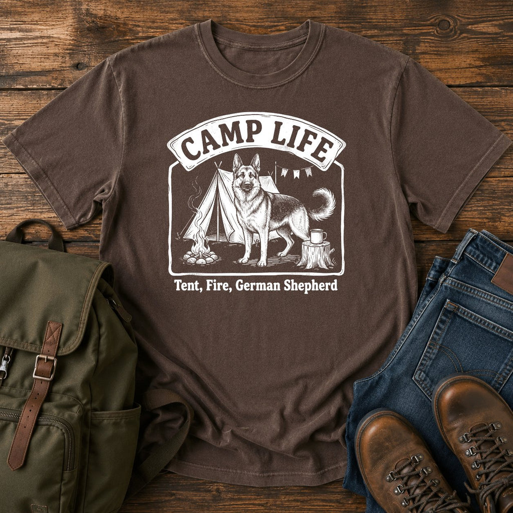 German Shepherd camp life slogan t-shirt design