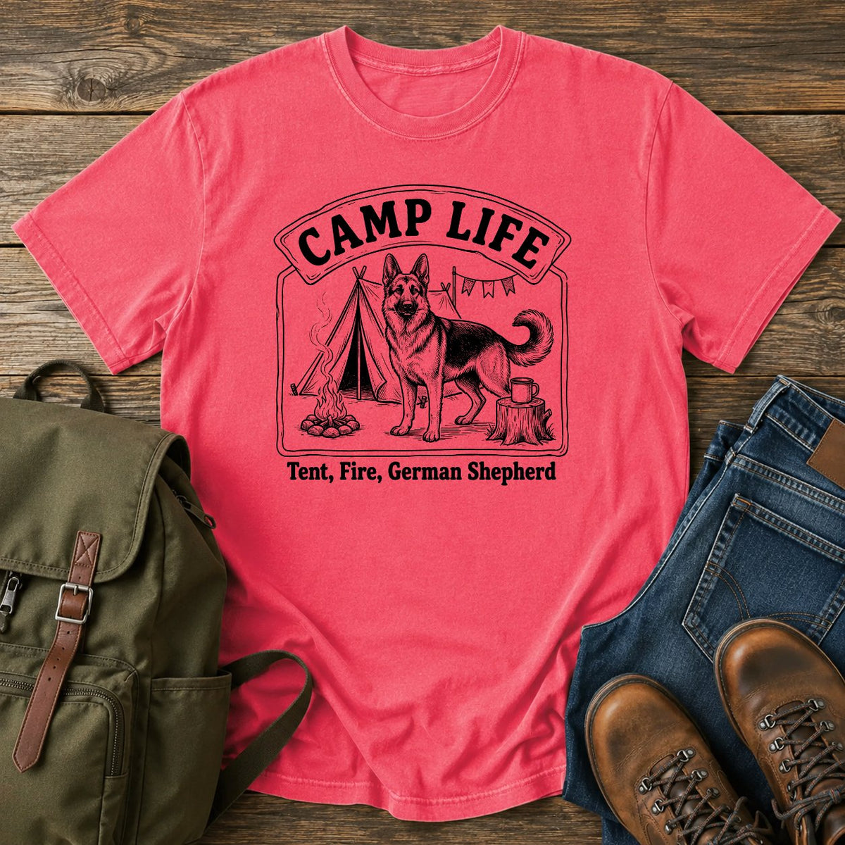 German Shepherd camp life slogan t-shirt design