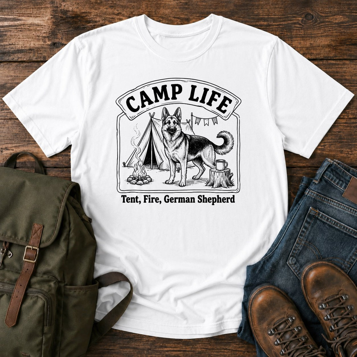 German Shepherd camp life slogan t-shirt design