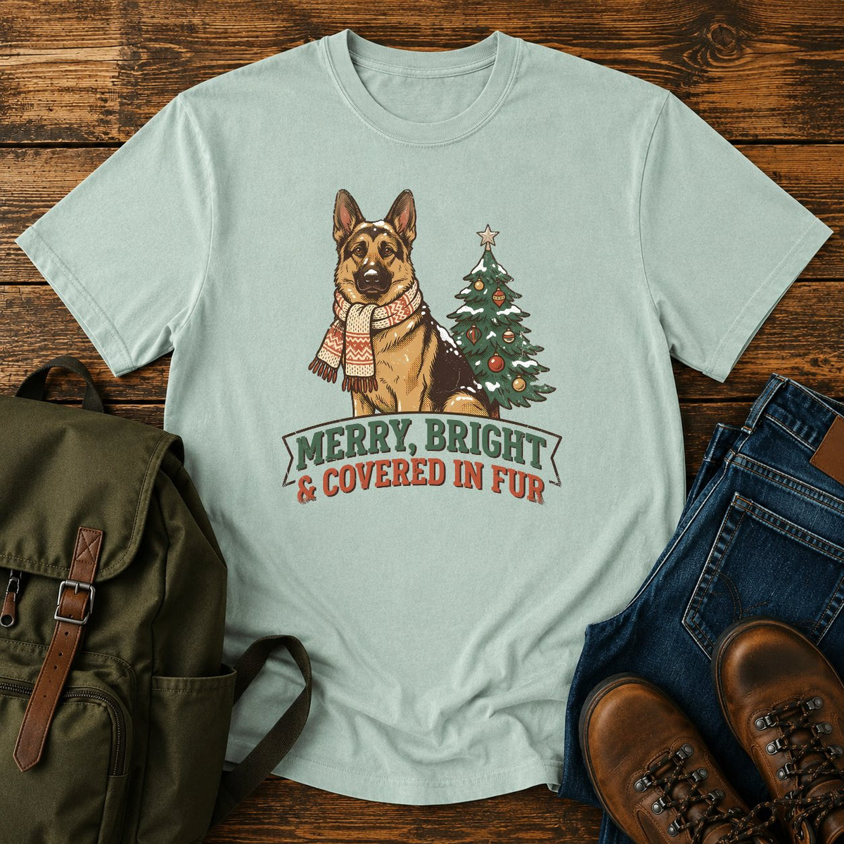German Shepherd Christmas t-shirt design with scarfed dog beside a decorated tree.