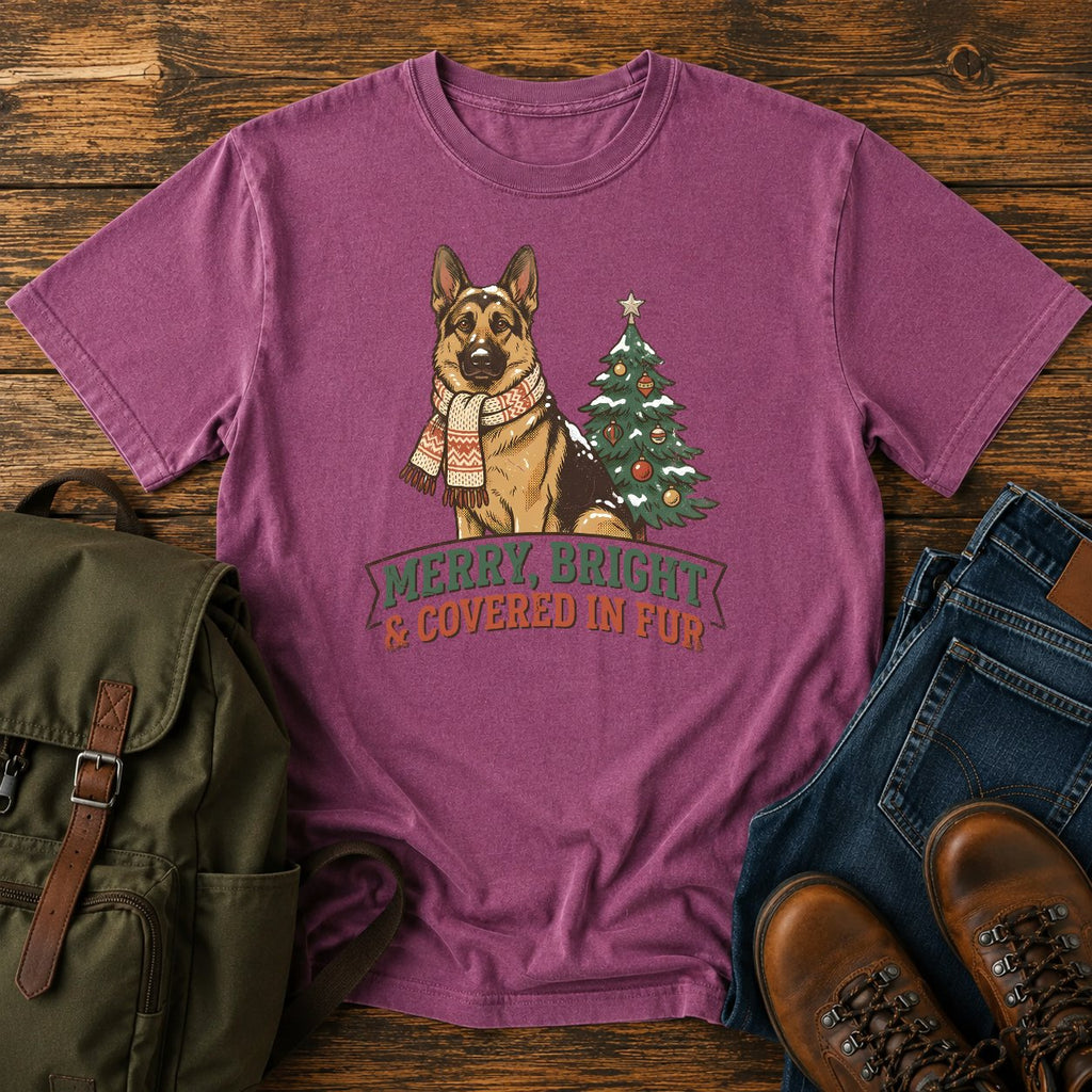 German Shepherd Christmas t-shirt design with scarfed dog beside a decorated tree.
