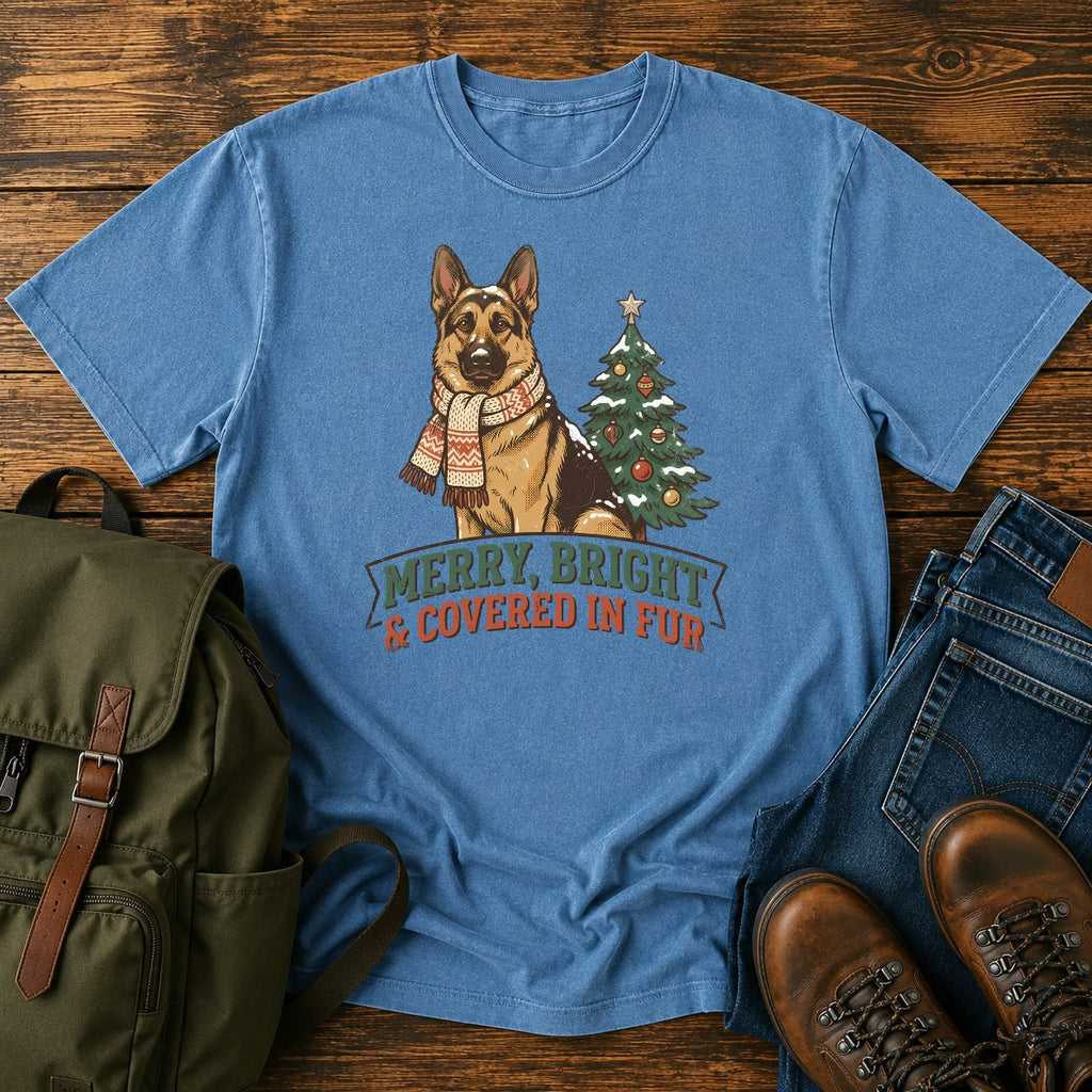German Shepherd Christmas t-shirt design with scarfed dog beside a decorated tree.