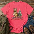 German Shepherd Christmas t-shirt design with scarfed dog beside a decorated tree.