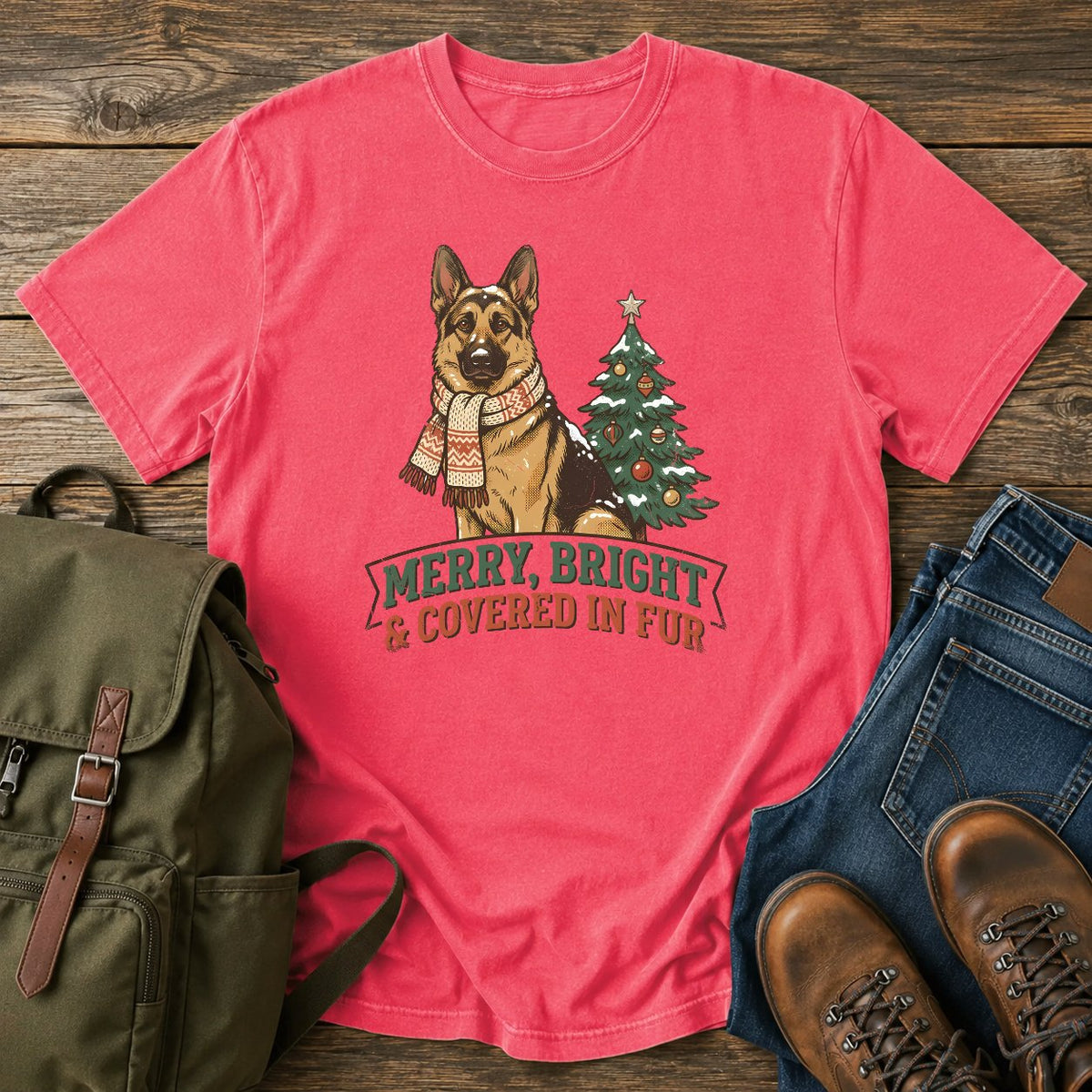 German Shepherd Christmas t-shirt design with scarfed dog beside a decorated tree.