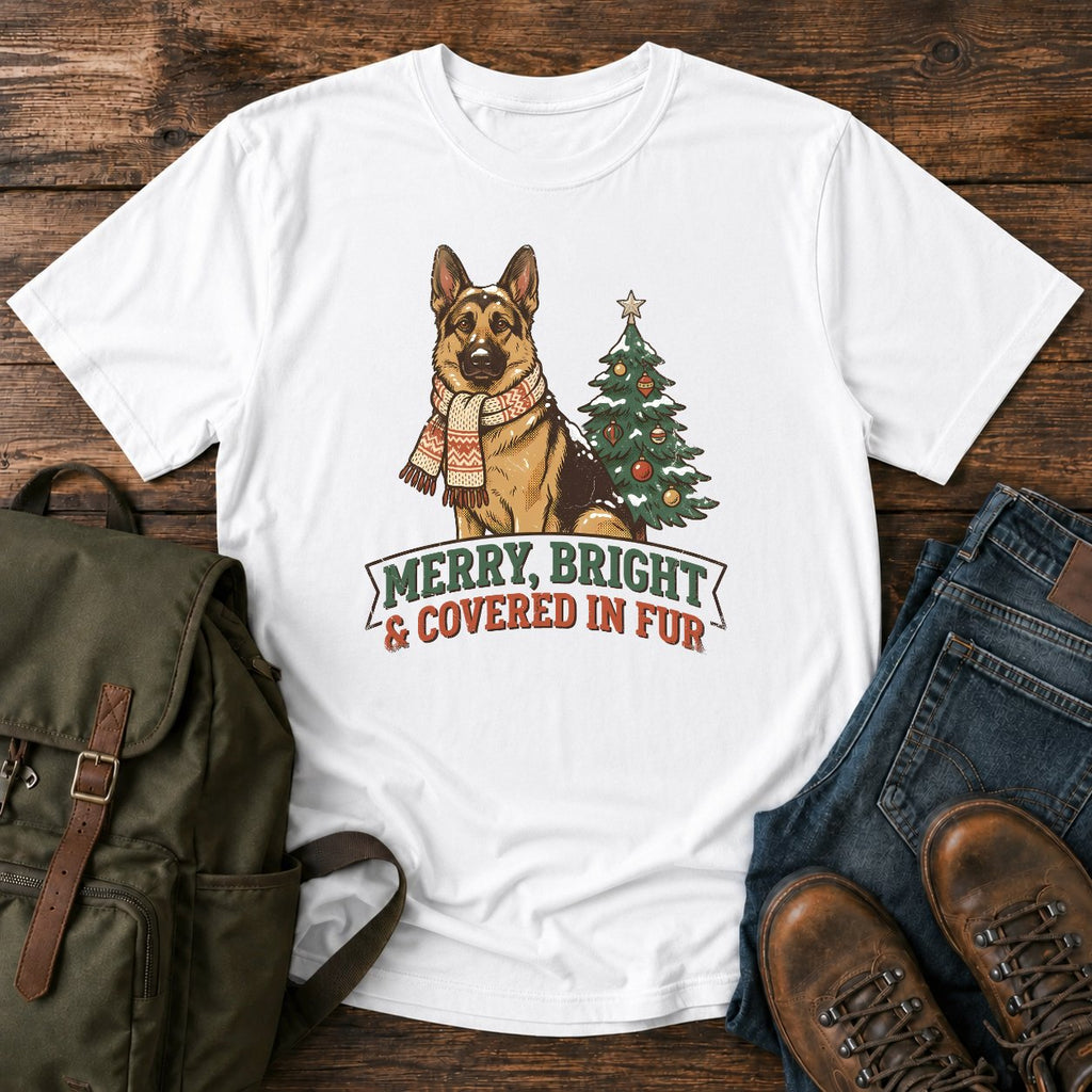 German Shepherd Christmas t-shirt design with scarfed dog beside a decorated tree.