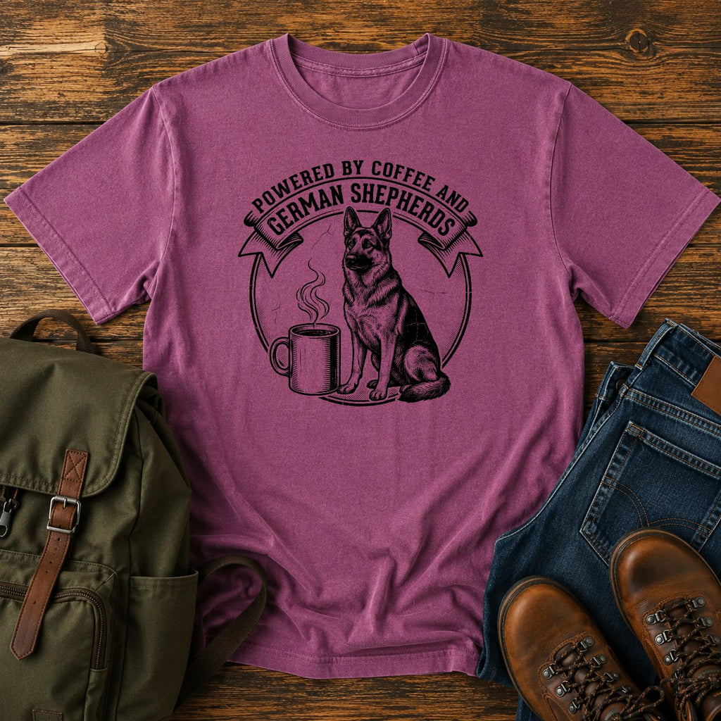German Shepherd coffee dog mom t-shirt design with shepherd and steaming mug