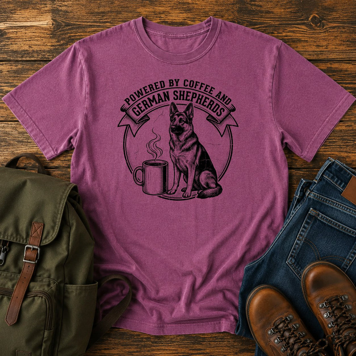 German Shepherd coffee dog mom t-shirt design with shepherd and steaming mug