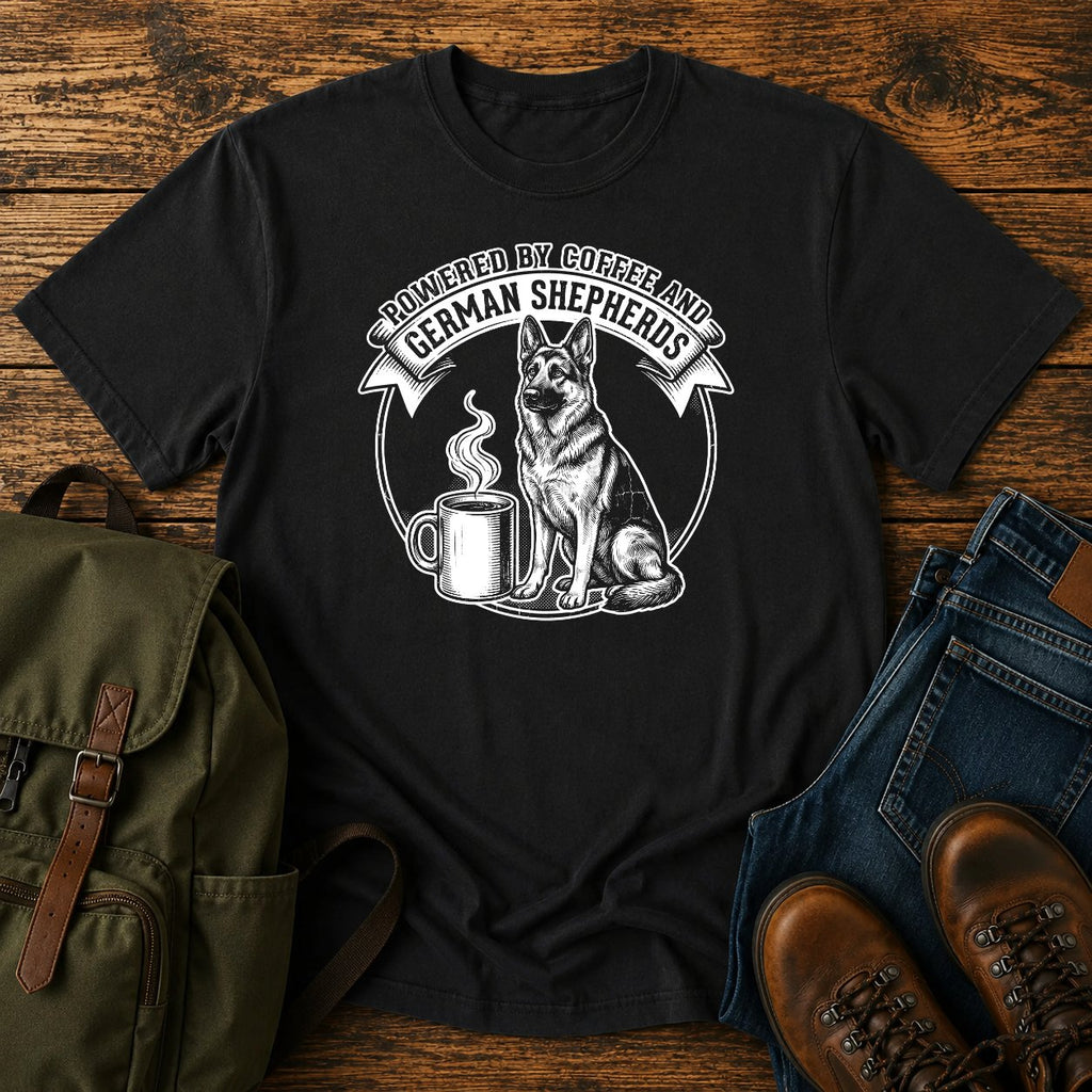 German Shepherd coffee dog mom t-shirt design with shepherd and steaming mug