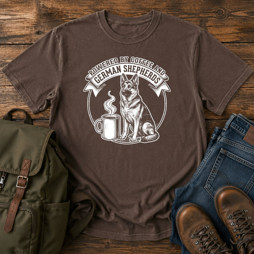 German Shepherd coffee dog mom t-shirt design with shepherd and steaming mug