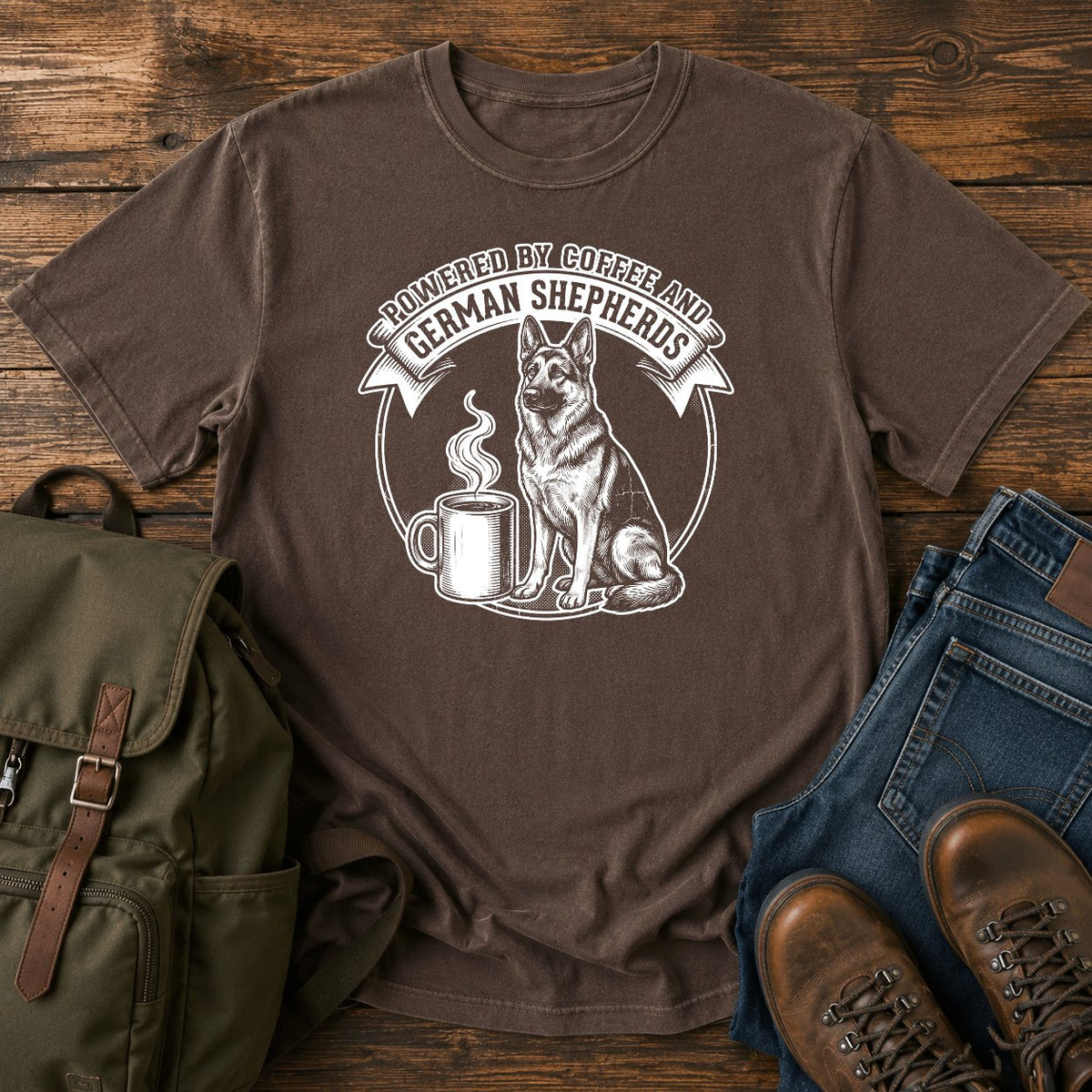 German Shepherd coffee dog mom t-shirt design with shepherd and steaming mug