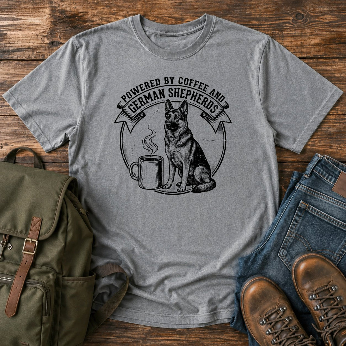 German Shepherd coffee dog mom t-shirt design with shepherd and steaming mug