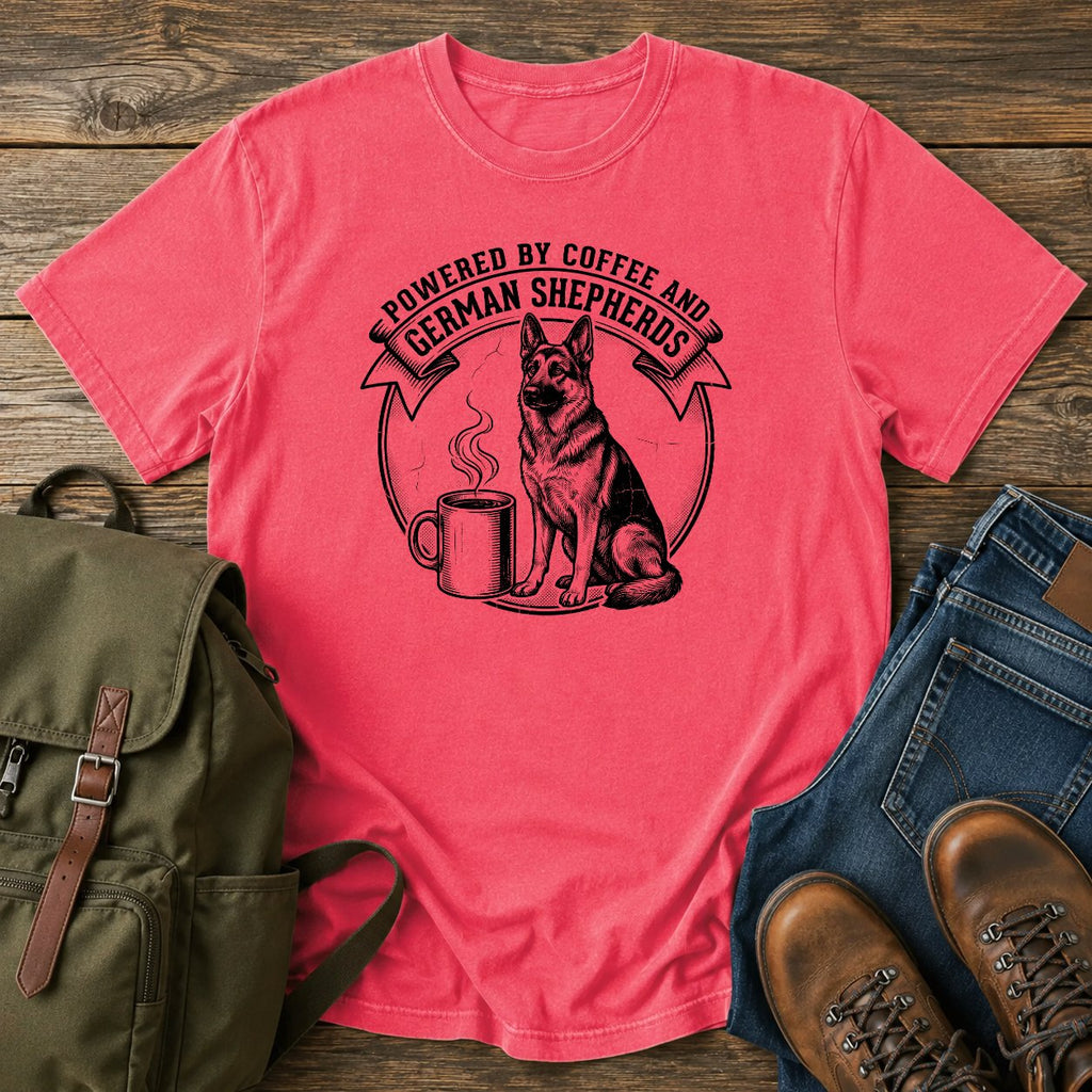 German Shepherd coffee dog mom t-shirt design with shepherd and steaming mug