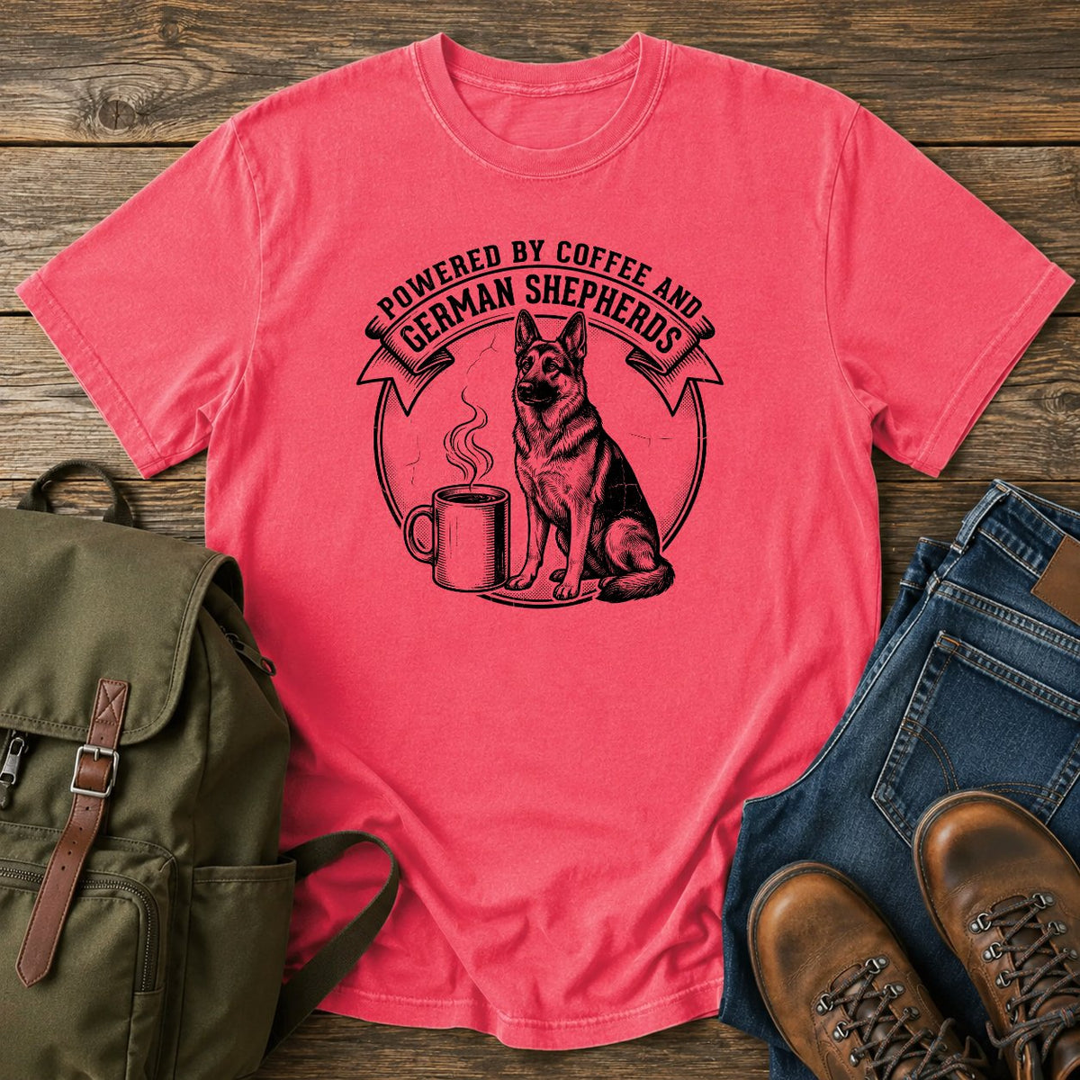 German Shepherd coffee dog mom t-shirt design with shepherd and steaming mug