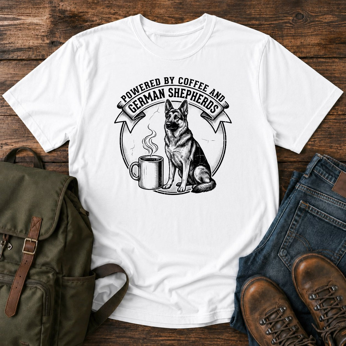 German Shepherd coffee dog mom t-shirt design with shepherd and steaming mug