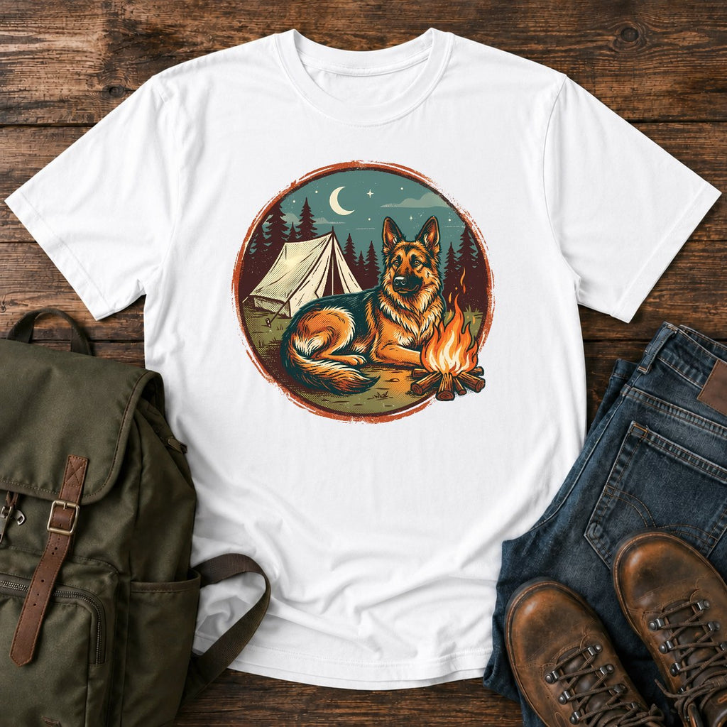 German Shepherd campfire camping scene t-shirt design