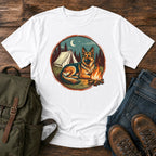 German Shepherd campfire camping scene t-shirt design
