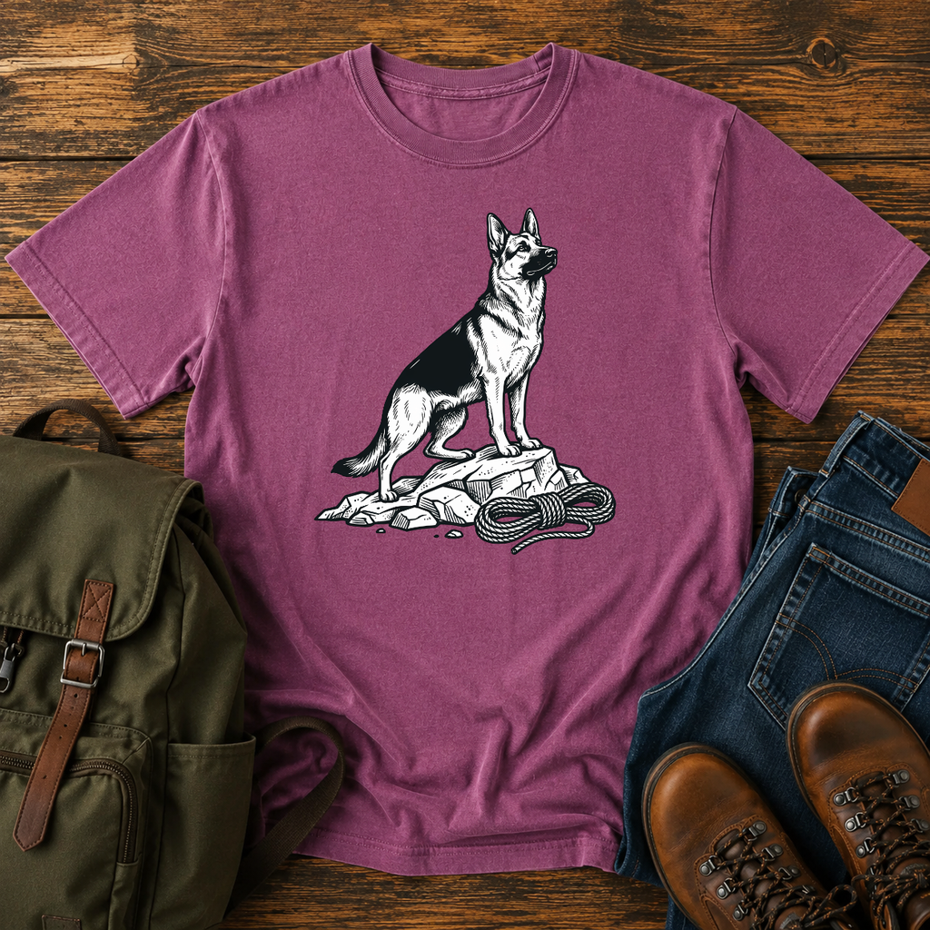 German Shepherd climbing crag scout t-shirt design with dog on rocky outcrop