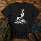 German Shepherd climbing crag scout t-shirt design with dog on rocky outcrop