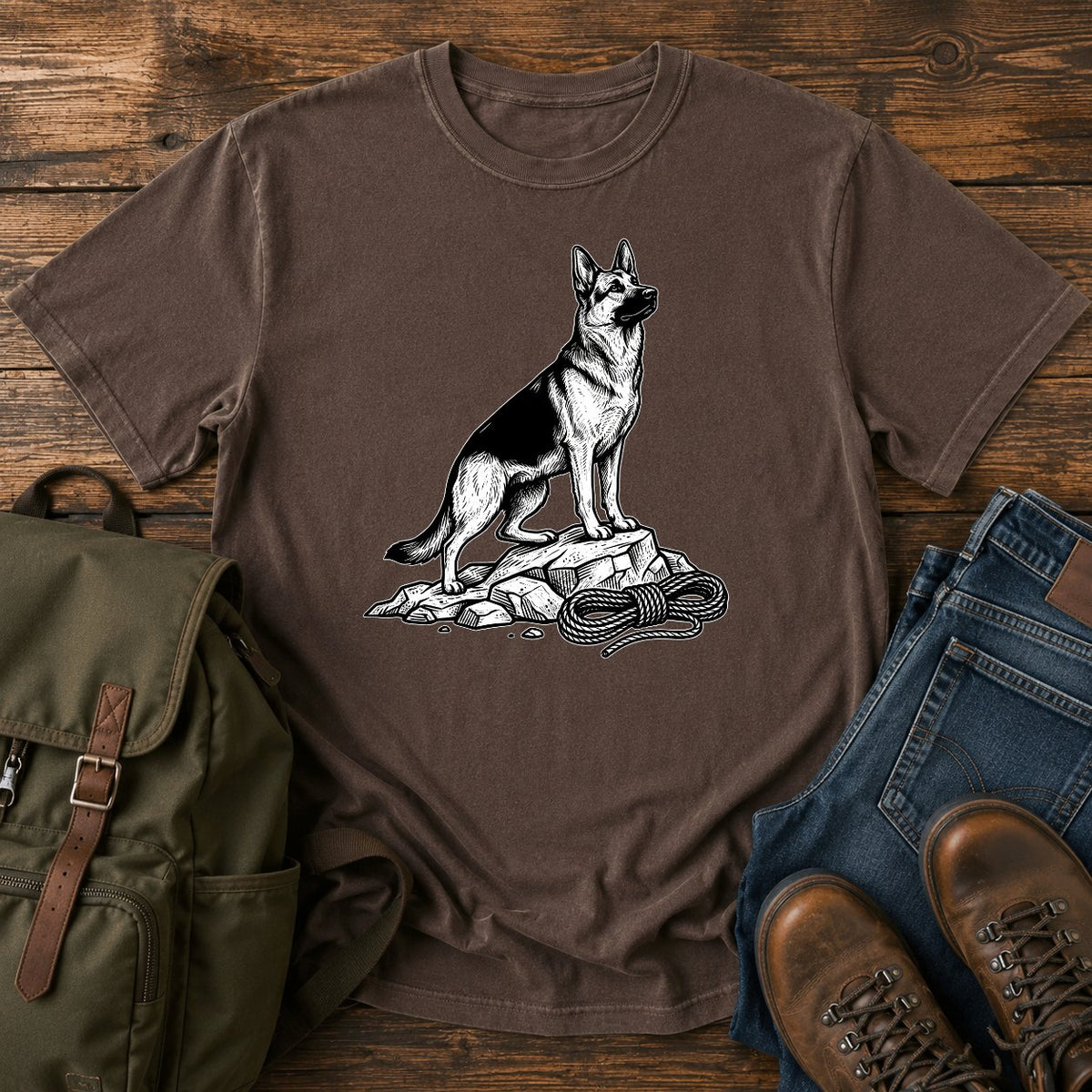 German Shepherd climbing crag scout t-shirt design with dog on rocky outcrop