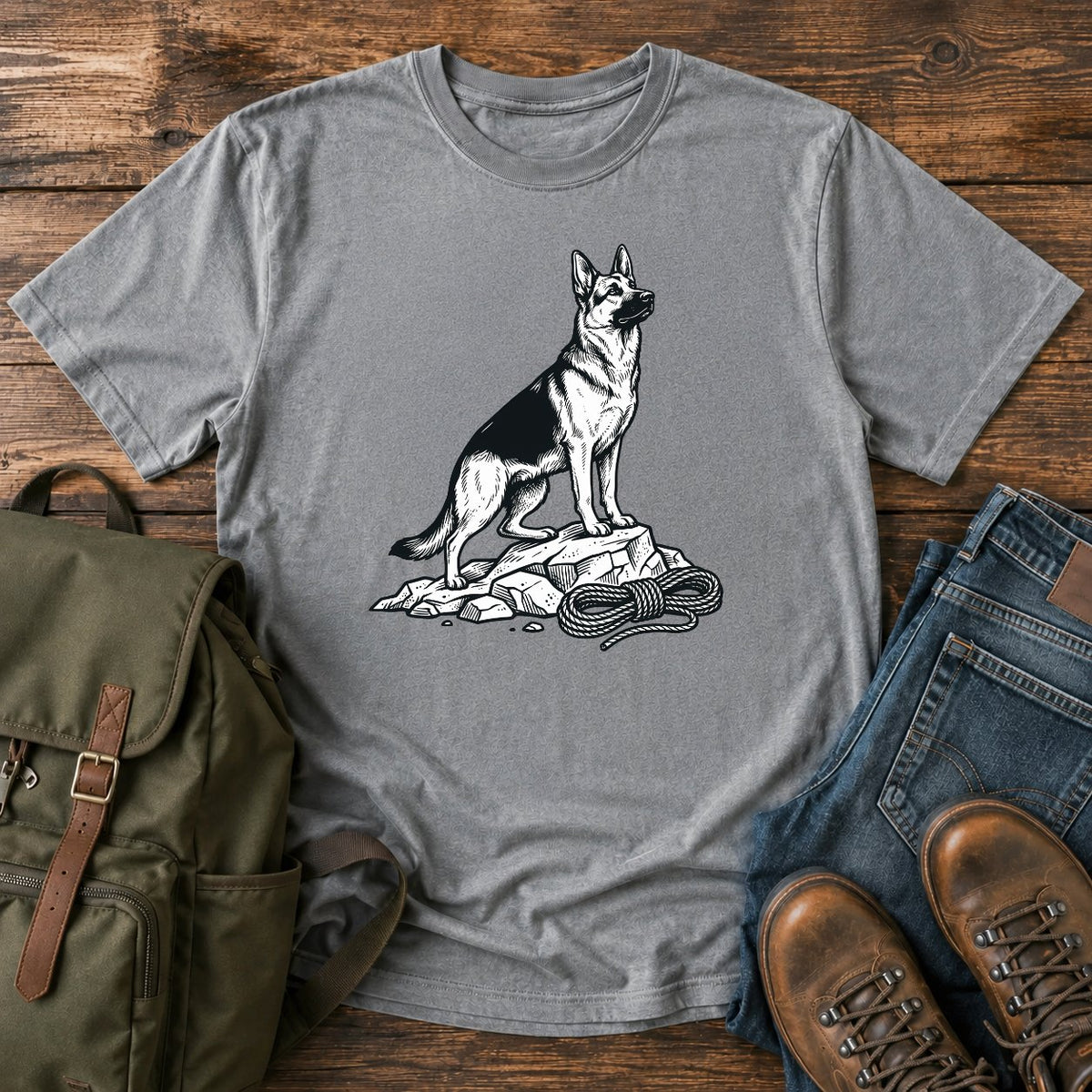 German Shepherd climbing crag scout t-shirt design with dog on rocky outcrop