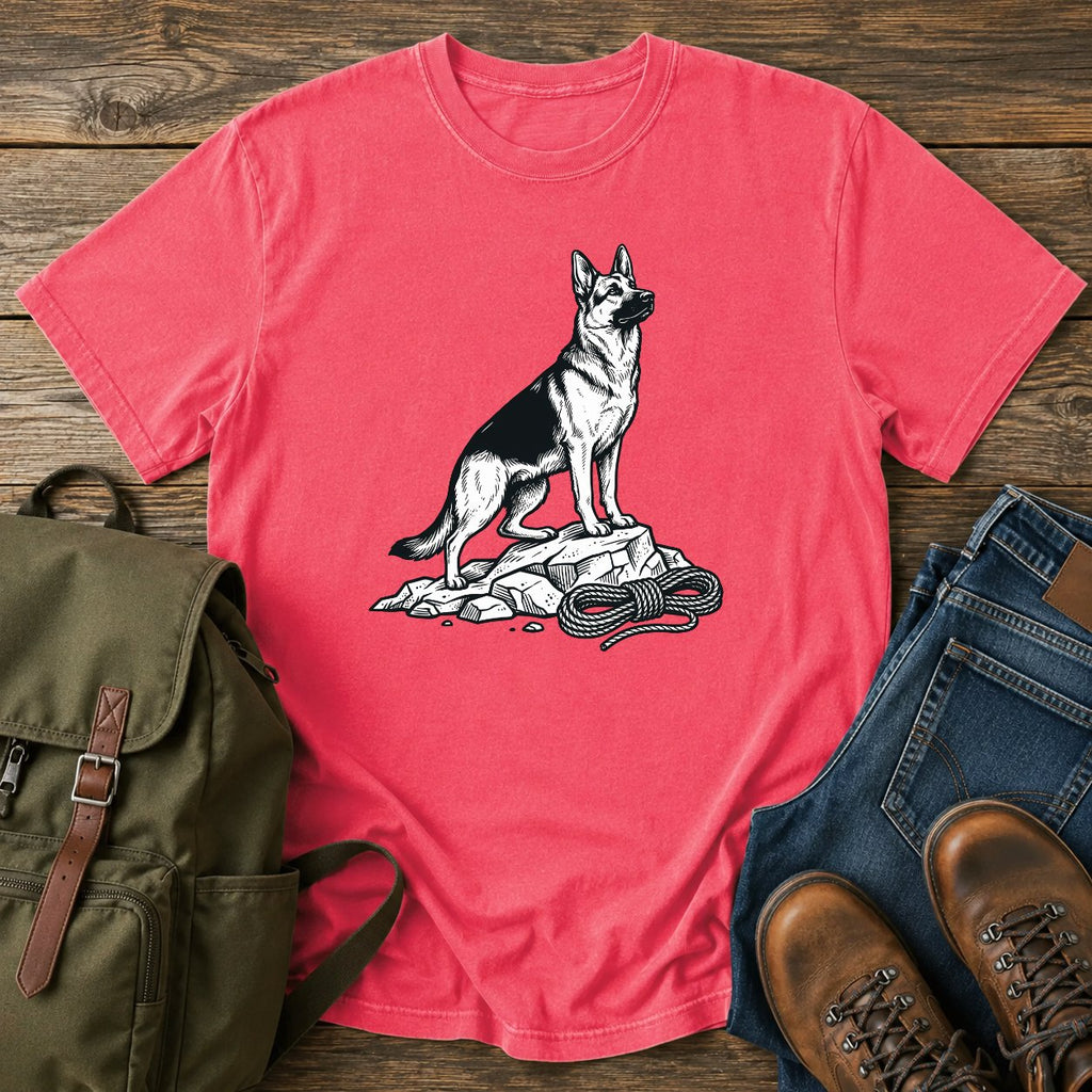 German Shepherd climbing crag scout t-shirt design with dog on rocky outcrop